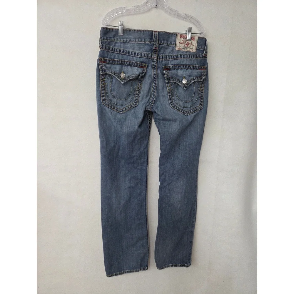 True Religion Straight Flap Jeans Mens 34 Blue Big T Red BRT Straight Leg Denim